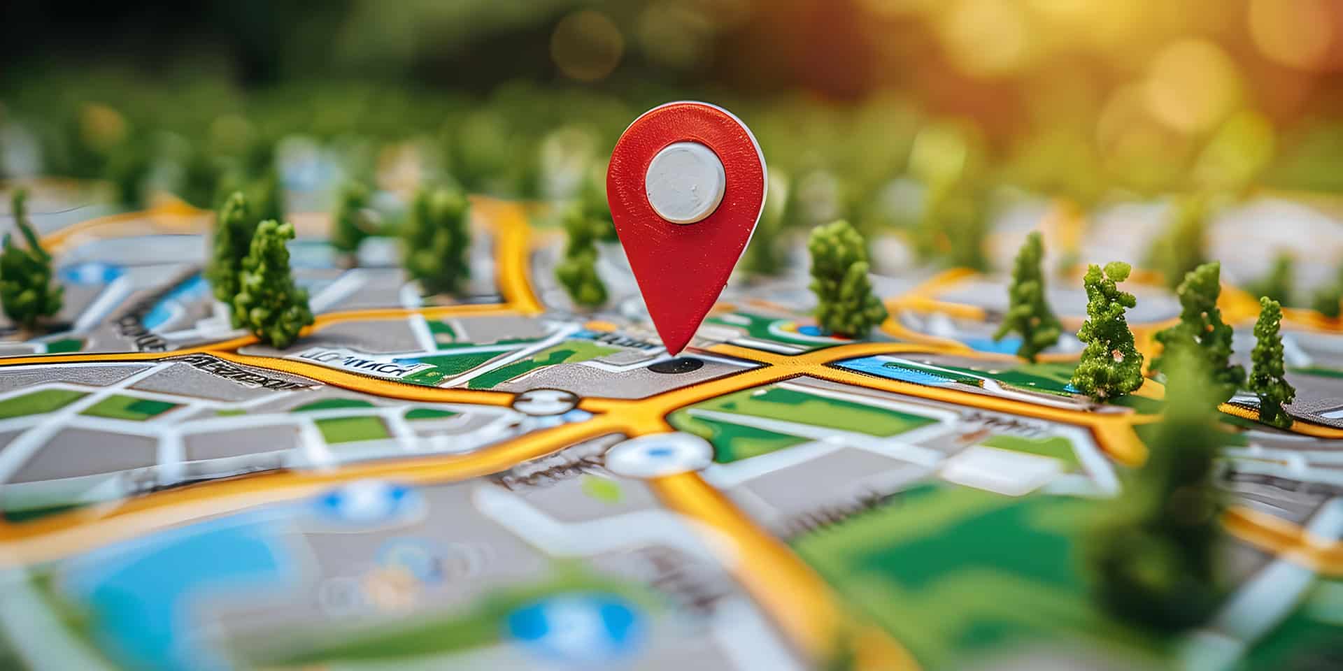 3D map pin on laptop keyboard showing local search strategy by SEO experts near me to rank higher on Google Maps. 