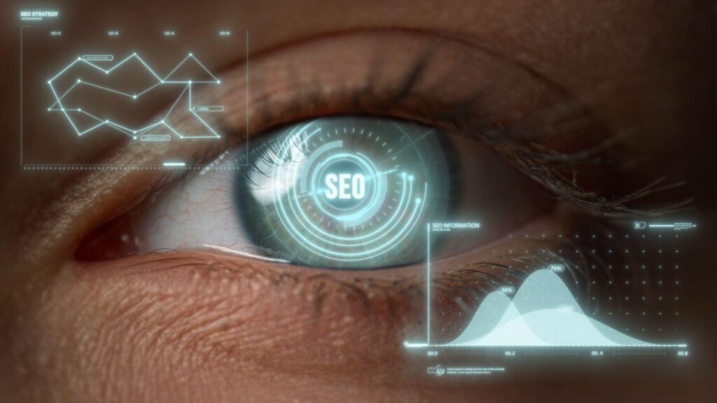 Close-up eye with SEO HUD, visualizing analytics and ranking trends—capturing the “is seo dead” debate for 2026 rebrands.